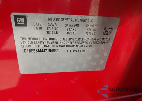 2018 Chevrolet Cruze Lt Auto из США, поврежденный, VIN 1G1BE5SM4J7164635